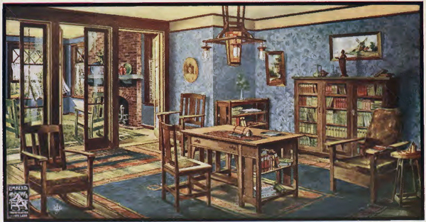 An illustration from one of Limbert's booklets showing a library furnished with pieces by the company.