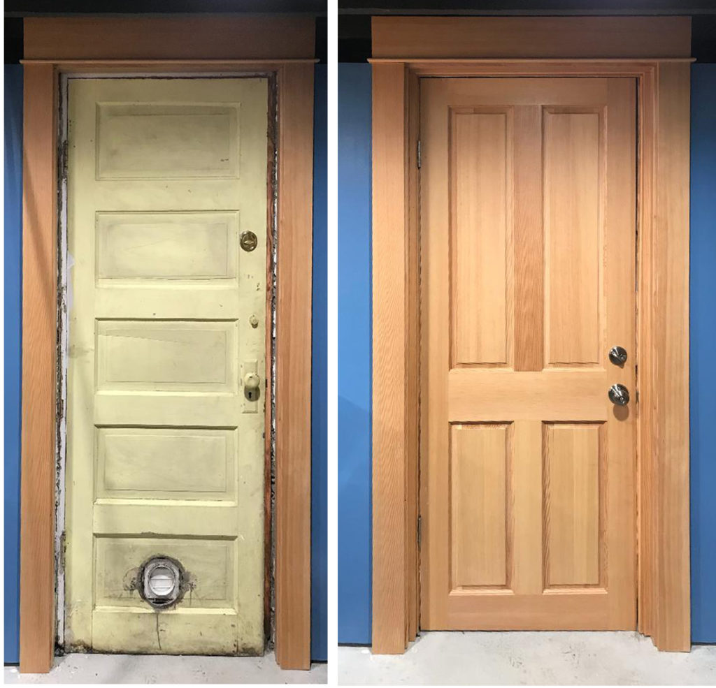 Before and after replacing an old basement door.